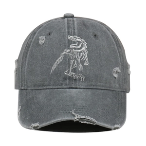 Vintage distressed washed baseball cap featuring an embroidered dinosaur skeleton logo