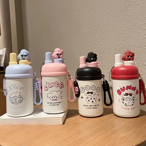 Cute cartoon stainless steel thermos bottle set with straw and hanging buckle accessories