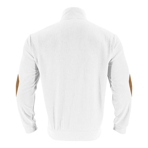 Detail of white corduroy jacket showing vintage brown elbow patches and ribbed texture