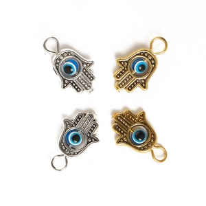 Hamsa Hand pendants with blue evil eye in gold and silver finish for DIY jewelry