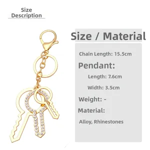 Size guide for crystal alloy keychains showing dimensions and material specifications