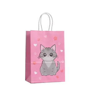 Pink cartoon cat paper gift bag with white twist handles and heart patterns, set of 12