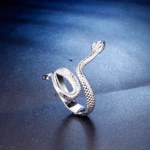 Adjustable silver stainless steel snake ring with detailed scales and coiled design