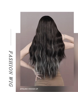 Rear view of long wavy fashion wig with dark brown hair and silver grey highlights