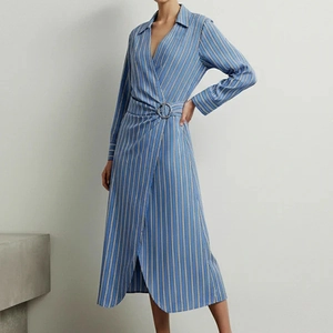 Striped Wrap Shirt Dress Polyester Long Sleeve V Neck Metal Ring Buckle Asymmetric Midi For Women Commute