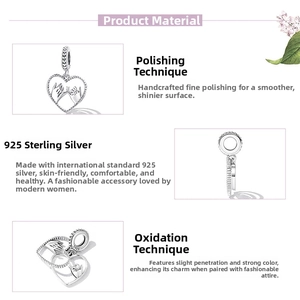 Detail of S925 sterling silver charm featuring polished interlocking hands in heart shape