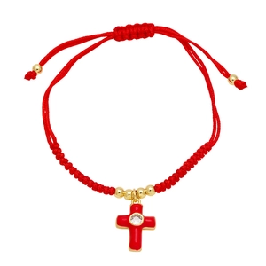 Handmade red braided rope bracelet with 18k gold plated enamel cross and zircon stone