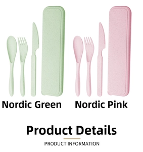 Detail of portable wheat straw cutlery set in green and pink with travel cases