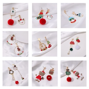 Detailed grid showing Christmas earrings with snowmen, reindeer, and colorful pom-poms