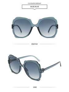 Detail view of butterfly frame sunglasses with blue gradient lenses and transparent blue frames