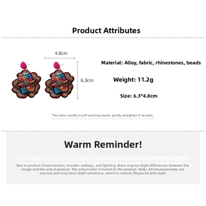 Detail specifications of floral embroidered earrings with rhinestones and beads weighing 11.2g