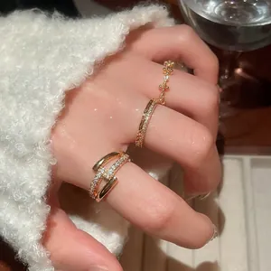 18K Gold Plated Copper Open Ring For Women Zircon Inlaid Niche Light Luxury Exquisite Adjustable Versatile Hand Jewelry