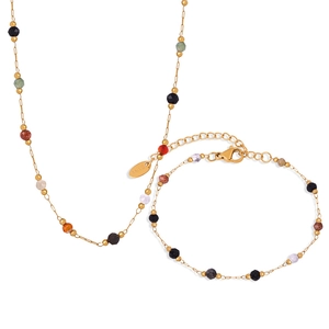 Minimalist gold titanium steel jewelry set with colorful natural stone beads necklace and bracelet