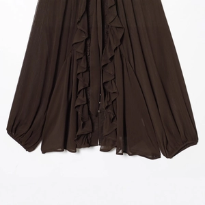 Deep brown long sleeve chiffon blouse featuring elegant layered ruffles and textured pleats