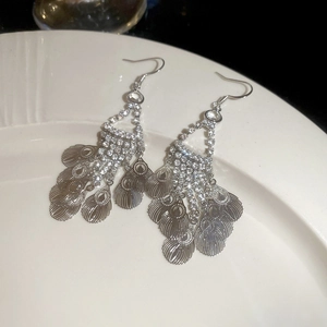 Detailed shot of silver tassel earrings with crystal rhinestones on a white ceramic plate