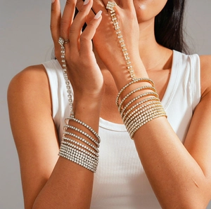 Multilayer geometric gold and silver rings with rhinestone chain hand harness for women
