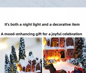 Detailed macro view of an illuminated Christmas resin house with snowy miniature figurines