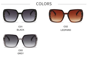 Three square oversized sunglasses shown in black, leopard, and grey with gold rivet details