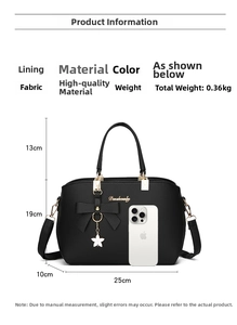 Size comparison of black PU Boston handbag with star charm and measurements on white background