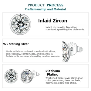 Detail of S925 sterling silver stud earrings with 3A cubic zirconia and platinum plating