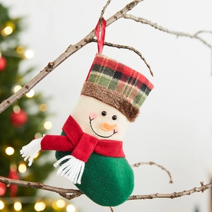 Large snowman Christmas stocking gift bag hanging decoration with festive plaid patterns