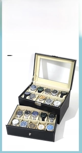 Dual-layer black microfiber leather watch display box with clear glass window and 12 slots