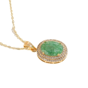 Elegant 14K gold plated necklace with oval emerald zircon pendant in double halo design