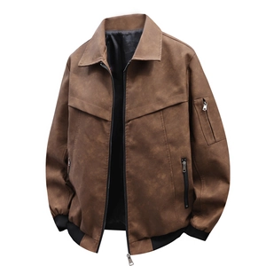Herren Casual Kunstlederjacke Vintage Bomber Outerwear Mit Rippbündchen Und Reißverschlusstaschen Fashion Reversmäntel