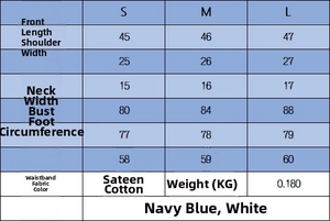 Size chart showing S M L measurements for the sleeveless knit vest in navy and white