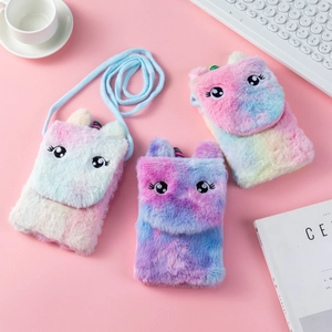 Plush unicorn crossbody bags for girls in pastel gradient colors with embroidered eyes