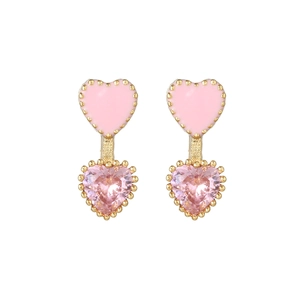 Pendientes de corazón rosa con cristales de circón y chapado en oro de 18k con doble corazón