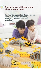 Father and child playing with electric track engineering toy set with bridge and tunnel