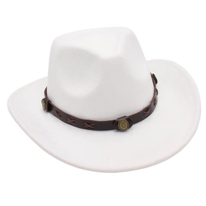 Detail of white wide-brim cowboy hat with brown leather belt and metal ornaments