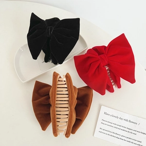 French velvet bow hair claws in black, red, and brown with elegant pearl accents