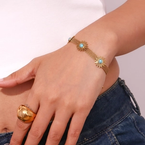 18K gold plated stainless steel mesh bracelet with turquoise sunflower and wide ring
