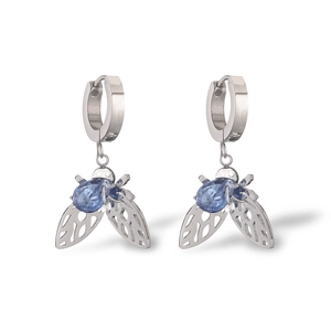 Detail of silver bee earrings with blue faceted crystal and hollow wings on white background