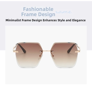 Detailed close-up of rimless geometric sunglasses with brown gradient lenses and gold temples