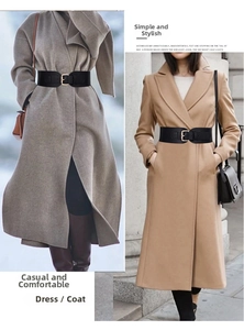 Detail of black elastic wide waist belt with gold rectangular buckle on stylish coats