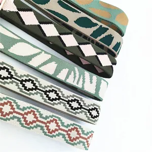 Detailed view of assorted ethnic woven shoulder straps with geometric jacquard patterns