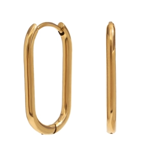 Polished 18K gold plated stainless steel oval hoop earrings shown from multiple angles