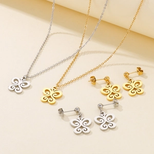 Parure collier et boucles d'oreilles papillon ajouré en acier inoxydable doré et argenté