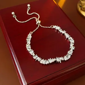 Silver adjustable bracelet with star zircon and white pearls on luxury wood box