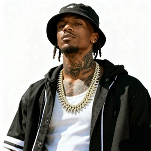 Golden iced out Cuban chain necklace with thorn design on male model in hip hop style