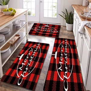 Christmas kitchen floor mats set with red buffalo plaid pattern and Merry Christmas text
