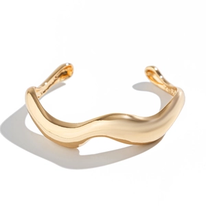 Modern gold wavy open cuff bracelet with a smooth metallic finish for men