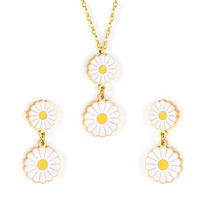 Golden stainless steel jewelry set featuring white daisy necklace and earrings
