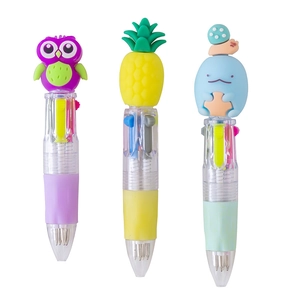 Three multi-color cartoon retractable ballpoint pens with rubber grips and cute character toppers