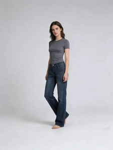Women's low waist wide leg jeans and slim fit grey t-shirt street style fashion set