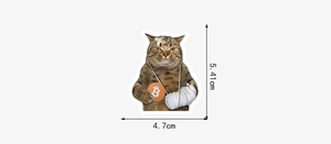 Detailed view showing a funny Bitcoin cat sticker size 5.41cm by 4.7cm in PVC material