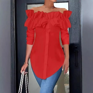 Off-shoulder red ruffle blouse with long sleeves paired with blue jeans for autumn fashion
